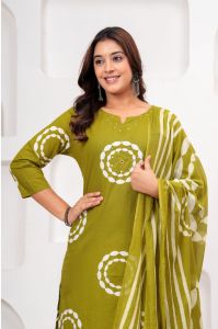 Ladies Olive Green Cotton Kurta Pant Set