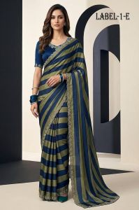 Ladies Olive Green Stripe Designer Satin Silk Saree
