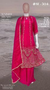 Ladies Rani Pink Heavy Embroidered Palazzo Suit Set