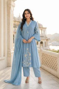 Ladies Sky Blue Embroidered Cotton Suit Set