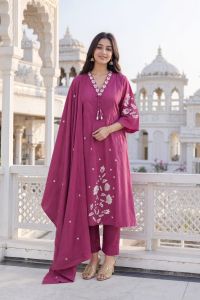 Ladies Sky Blue Embroidered Cotton Suit Set