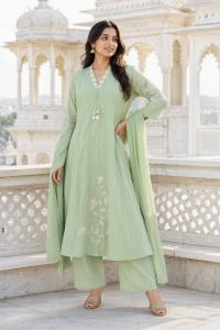 Ladies Sky Blue Embroidered Cotton Suit Set