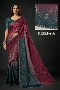 Ladies Wine Teal Ombre Satin Silk Saree