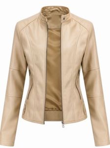 Ladies Beige Stand Collar Leather Jacket