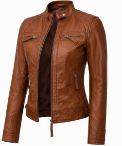 Ladies Cognac Brown CAF Racer Leather Jacket