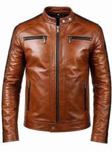 Mens Cognac Brown CAF Racer Leather Jacket