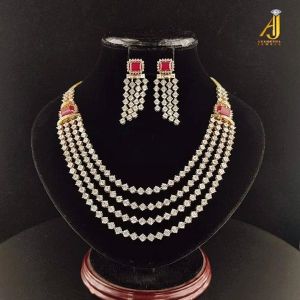 4 Line Diamond Necklace Earrings Set