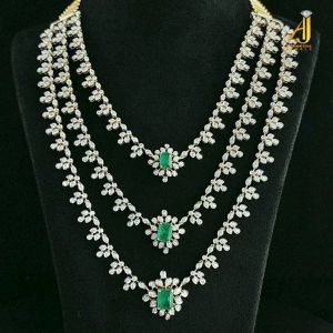Bridal Wear Triple Line White Gold Diamond Necklace