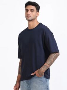 Mens Oversized Navy Blue Round Neck T-Shirt