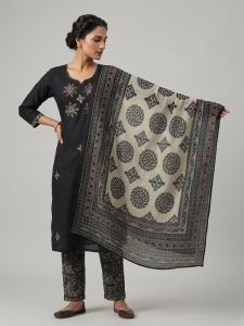 Ladies Black Printed Cotton Kurta Pant Dupatta Set