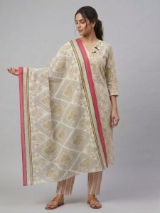 Ladies Cream Printed Cotton Ethnic Suit