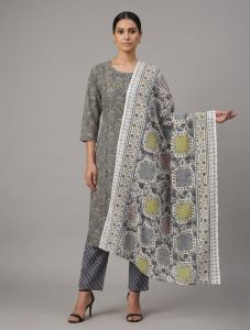 Ladies Grey Floral Cotton Suit Set