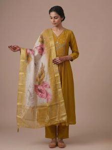 Ladies Mustard Embroidered Festive Cotton Suit