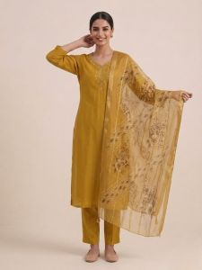 Ladies Mustard Embroidered Festive Suit