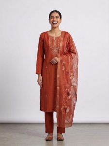 Ladies Rust Embroidered Festive Cotton Suit