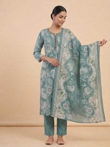 Ladies Sea Green Printed Cotton Ethnic Suit