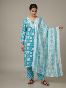 Ladies Sky Blue Floral Cotton Ethnic Suit