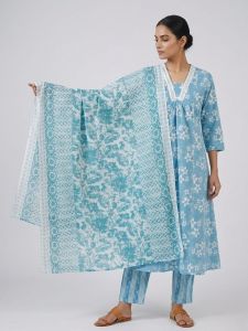 Ladies Sky Blue Floral Cotton Kurta Pant Suit