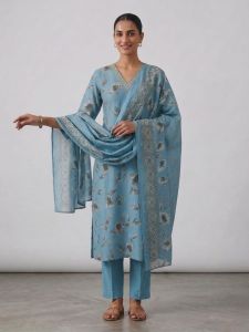 Ladies Sky Blue Floral Cotton Suit