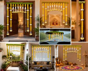 Decoration Set with Green Leaf Toran | Fabric Floral Wedding Backdrop Decoration | Traditional Door
