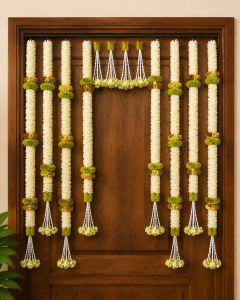 Premium Artificial White Jasmine Flower Door Decoration Set with Green &AMP; Golden Floral Accents | Han
