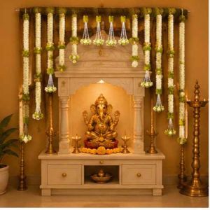 Premium Artificial White Jasmine Flower Door Decoration Set with Green &AMP; Golden Floral Accents | Han