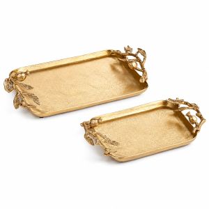Premium Handmade Wood Serving Tray with Decorative Metal Floral Handles Luxury Brass Snack Tea Co