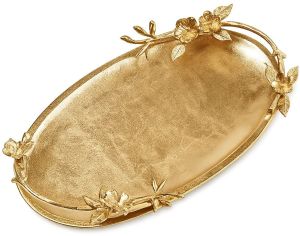 Premium Handmade Wood Serving Tray with Decorative Metal Floral Handles Luxury Brass Snack Tea Co
