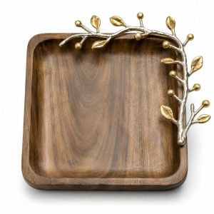 Premium Handmade Wood Serving Tray with Decorative Metal Floral Handles Luxury Brass Snack Tea Co