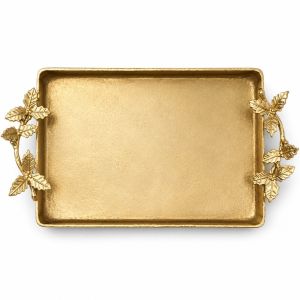 Premium Handmade Wood Serving Tray with Decorative Metal Floral Handles Luxury Brass Snack Tea Co