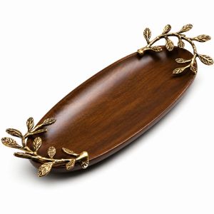 Premium Handmade Wood Serving Tray with Decorative Metal Floral Handles Luxury Brass Snack Tea Co