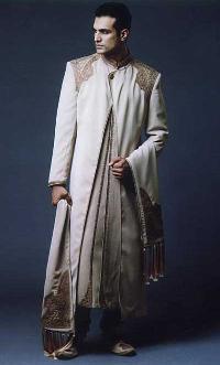 Long One Button Attached Cape Embroidered Sherwani LC - 1