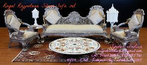 Teak wood carved pure Silver inlay Sofa Set and chaise