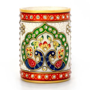 Gold Meenakari Mayur Design White Marble Pen Stand