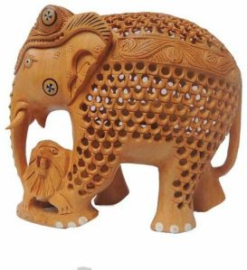 Wooden Undercut Elephant Statue With Lion