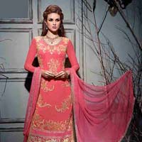 Long Cut Coral Color Embroidered Suit