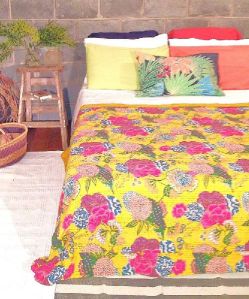 Indian Flower Print Kantha Quilt