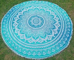 Ombre round With Pom Pom Indian Mandala Handmade Beach Throw Towel