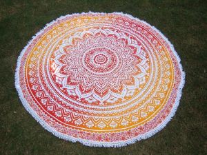 Yellow Ombre Print Indian Mandala Round Tapestry Beach Throw Towel