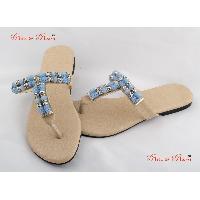 Fashion Sandals - T shape upper designed with shades of blue beads