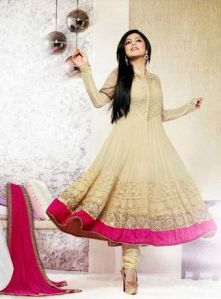 Fs1380 Georgette Embroidery Work Cream Semi Stitched Anarkali Suit