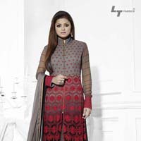 Georgette Embrodary Work Gray&red  Semi Stitched Staight Suit