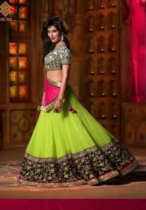 FS1310 Georgette Embrodary Work Green Semi Stitched Lehenga