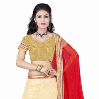 Net Embroidery Work Cream & Red Semi Stitched Lehenga