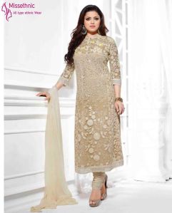 FS1680 Net Embrodary Work Cream Semi Stitched Anarkali type Suit