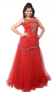 FS1590 Net Embrodary Work Light Red Semi Stitched Anarkali type Suit