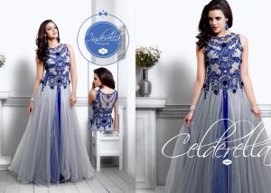 FS1130 Soft Net Embrodary Work Blue  Semi Stitched Anarkali Gown