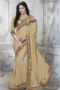 DESIGNER BEIGE EMBROIDERED FAUX CHIFFON PARTY WEAR SAREE