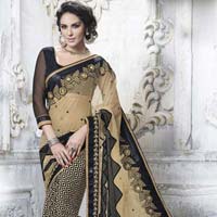 DESIGNER BEIGE EMBROIDERED NET &  FAUX CREPE JACQUARD PARTY WEAR SAREE