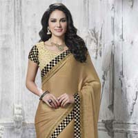 DESIGNER EMBROIDERED BEIGE FAUX SATIN CHIFFON & NET PARTY WEAR SAREE